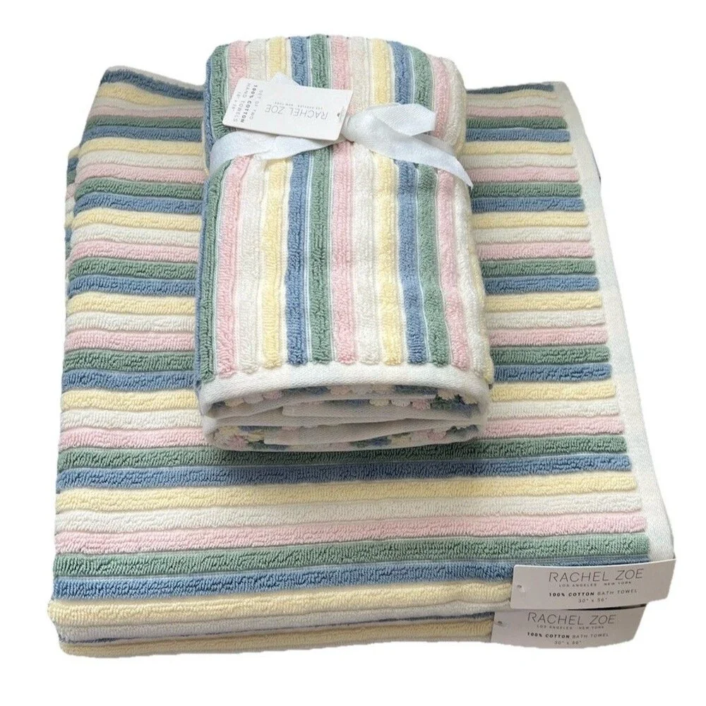 Rachel Zoe Pastel Rainbow Stripes 2 Bath 2 Hand Towels 4 pc Set 100% Cotton New